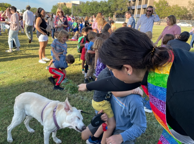 Pastor Chelsea blessing a dog at a Trinity Church of Austin outdoor event.