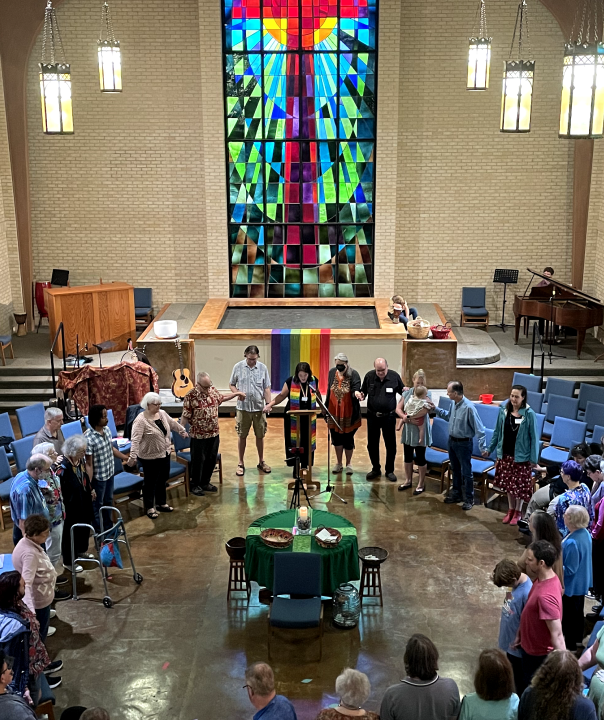 An overhead view inside Trinity Church of Austin during Sunday Service.